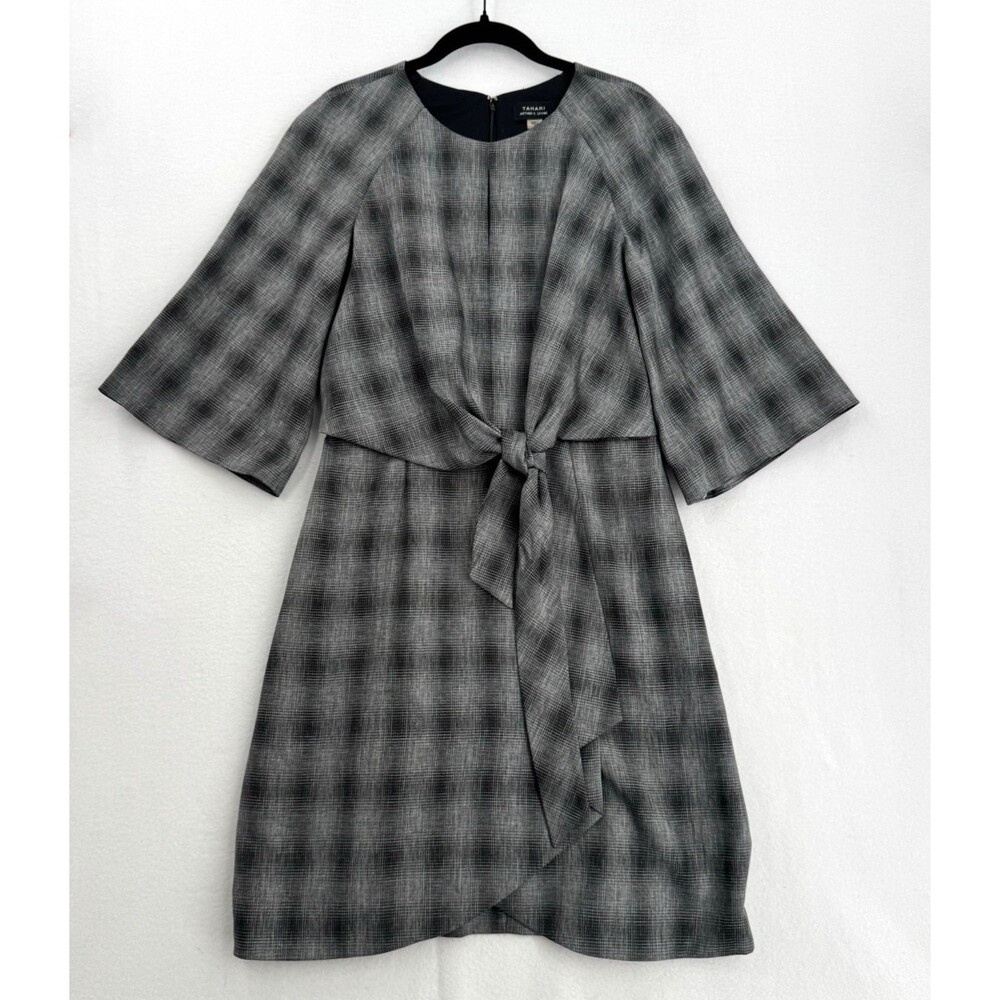 Tahari Arthur S. Levine Dress 8 Gray Plaid Tie Front Bell Sleeve Work Career